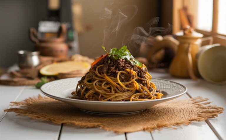 Mongolian Ground Beef Noodles coated in a savory-sweet sauce with tender beef and stir-fried noodles