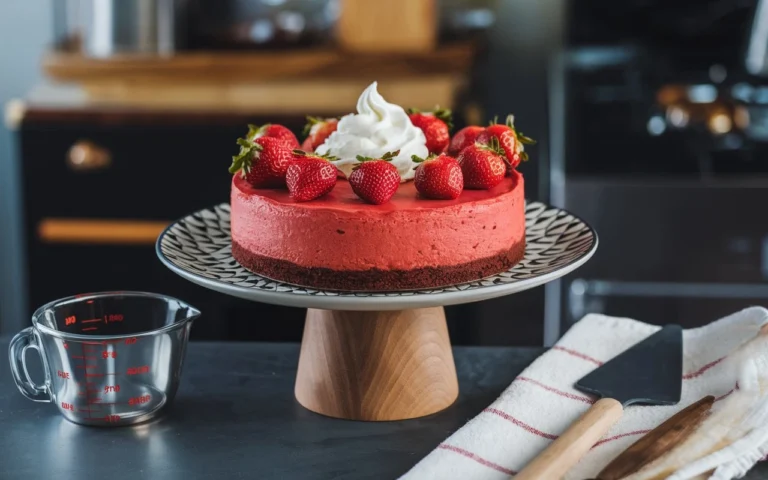 Creamy cheesecake topped with glossy strawberry topping in a springform pan.