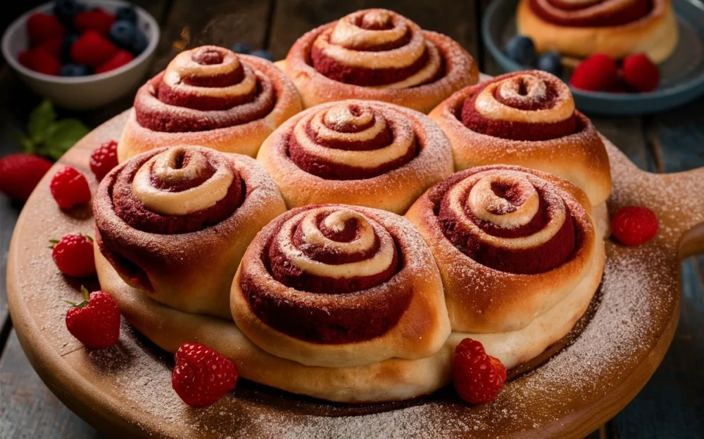 Freshly baked Red Velvet Cinnamon Rolls cooling on a baking tray