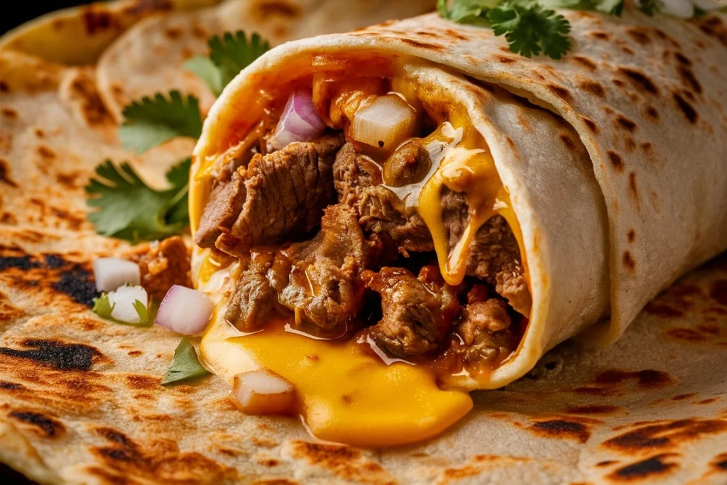 A freshly made beef and cheese burrito with a crispy golden exterior.
