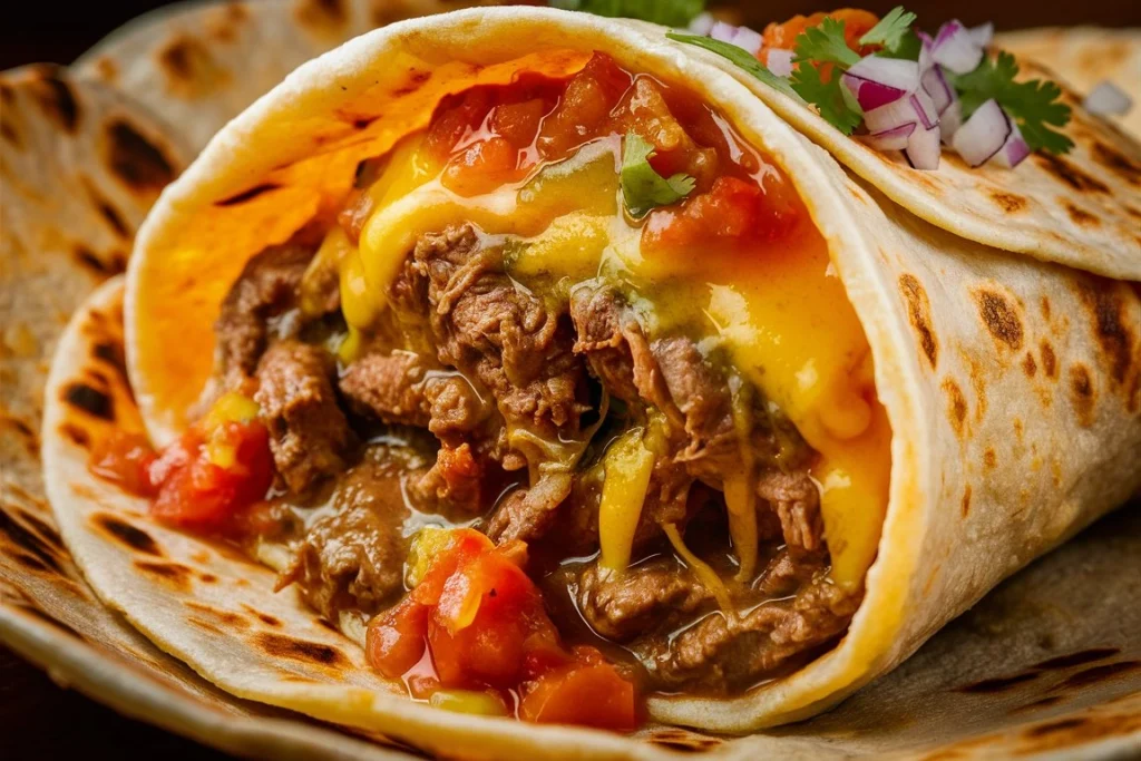 Cheesy beef burrito sliced in half, revealing a rich, flavorful filling.
