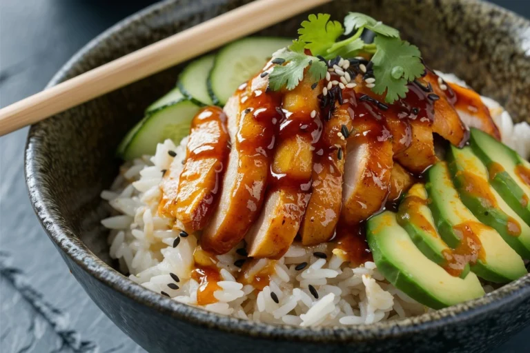 Spicy Honey-Ginger Chicken Bowl with rice, garnished with sesame seeds and fresh herbs