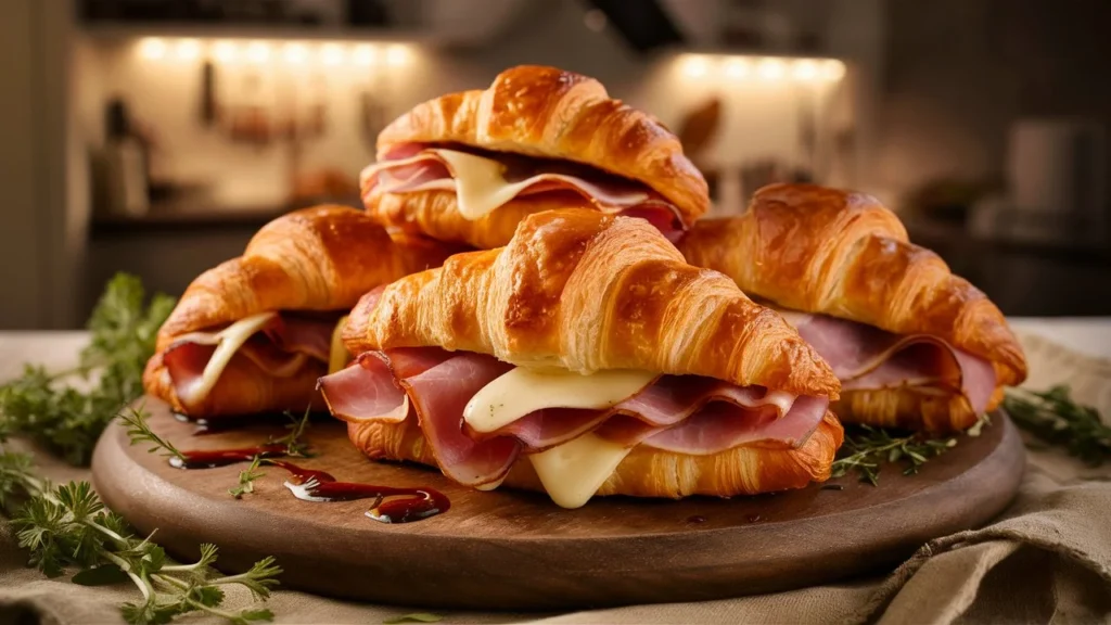 Flaky croissants filled with melted cheese and ham, baked to perfection