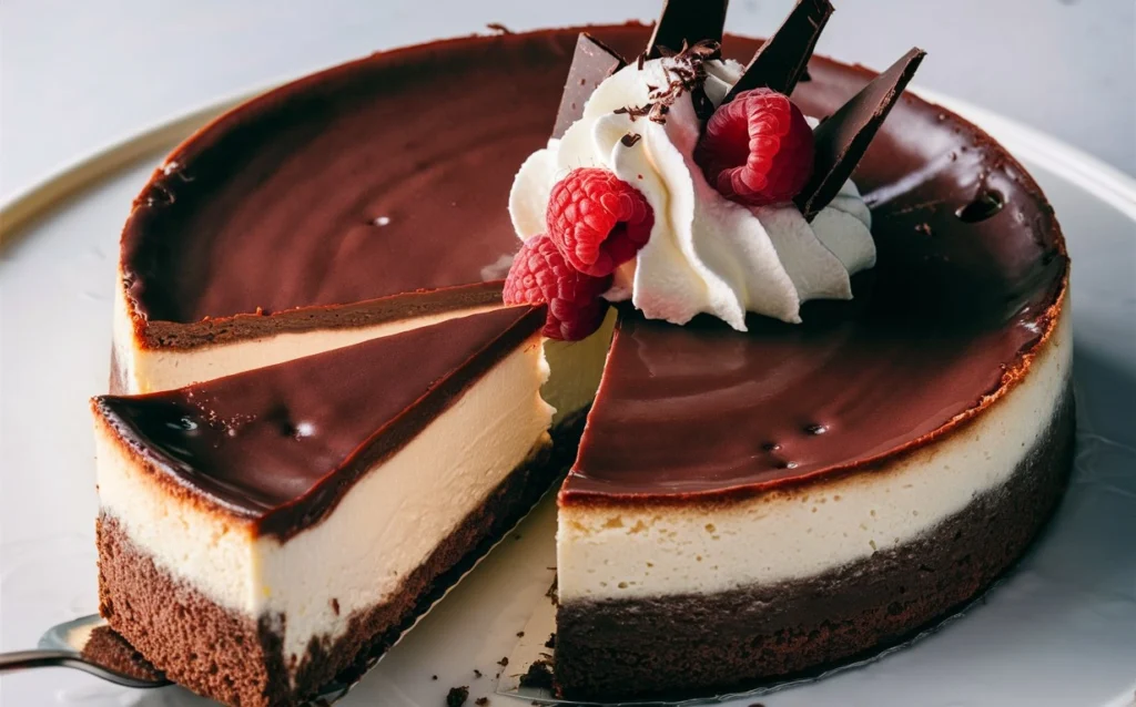 Whole chocolate cheesecake garnished with chocolate shavings and fresh berries, presented on a rustic wooden table.