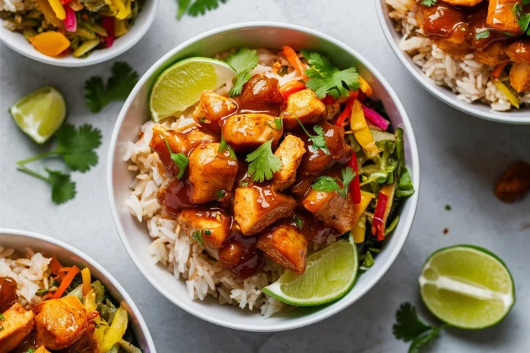 Honey Chipotle Chicken Rice Bowl topped with sliced avocado, black beans, corn, and fresh cilantro on a bed of rice, drizzled with a smoky-sweet glaze.