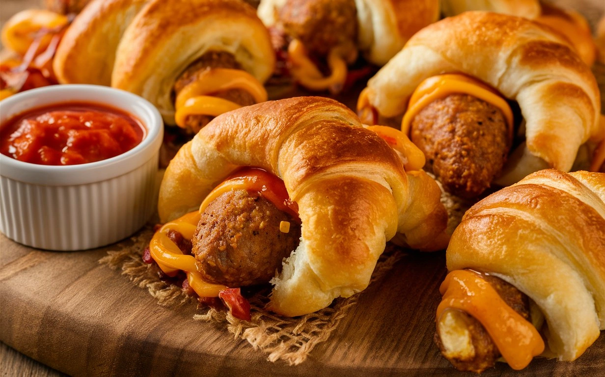 Freshly baked breakfast sausage crescent rolls on a plate