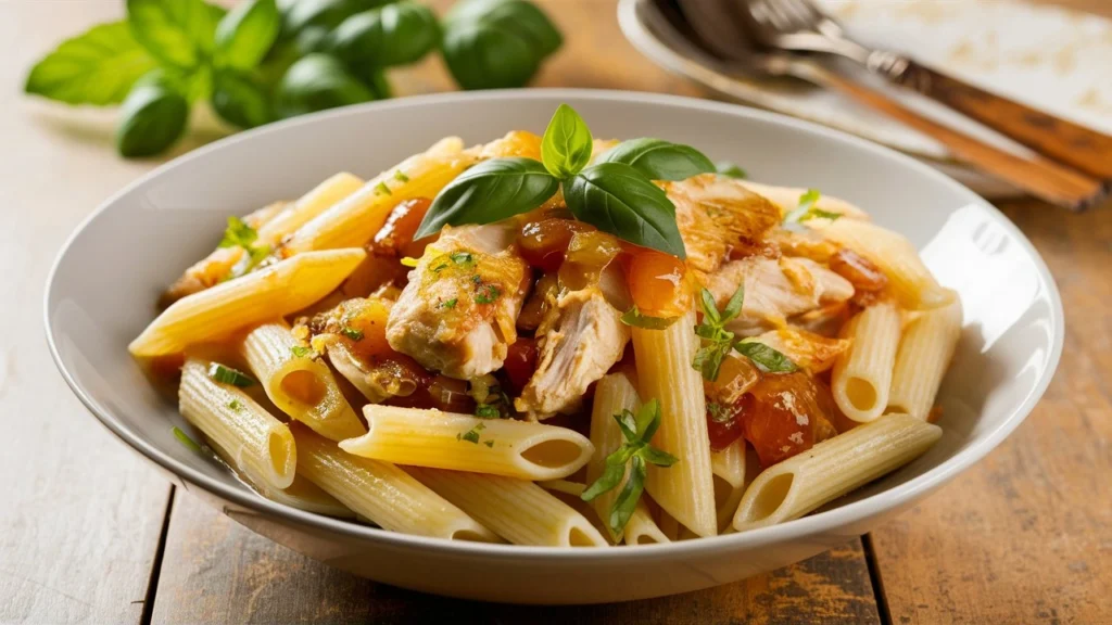 Close-up of Honey Pepper Chicken Pasta with creamy sauce.
