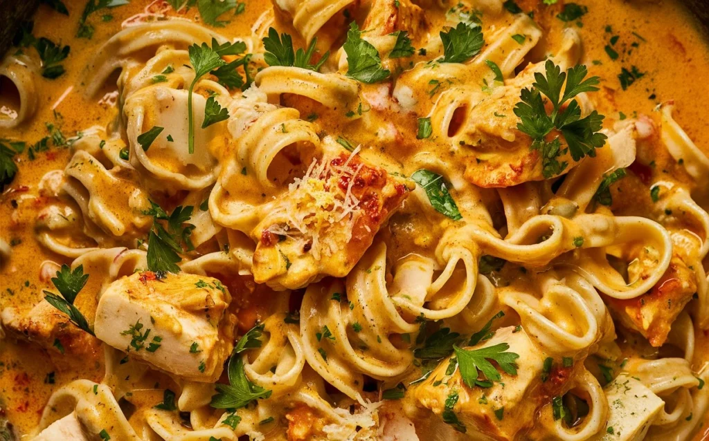 Close-up of creamy Cajun chicken pasta with fresh parsley garnish