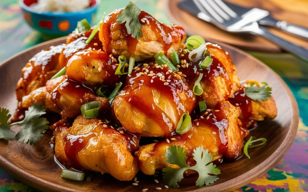 Glazed Honey Sriracha Chicken served with garnishes of sesame seeds and cilantro on a rustic plate