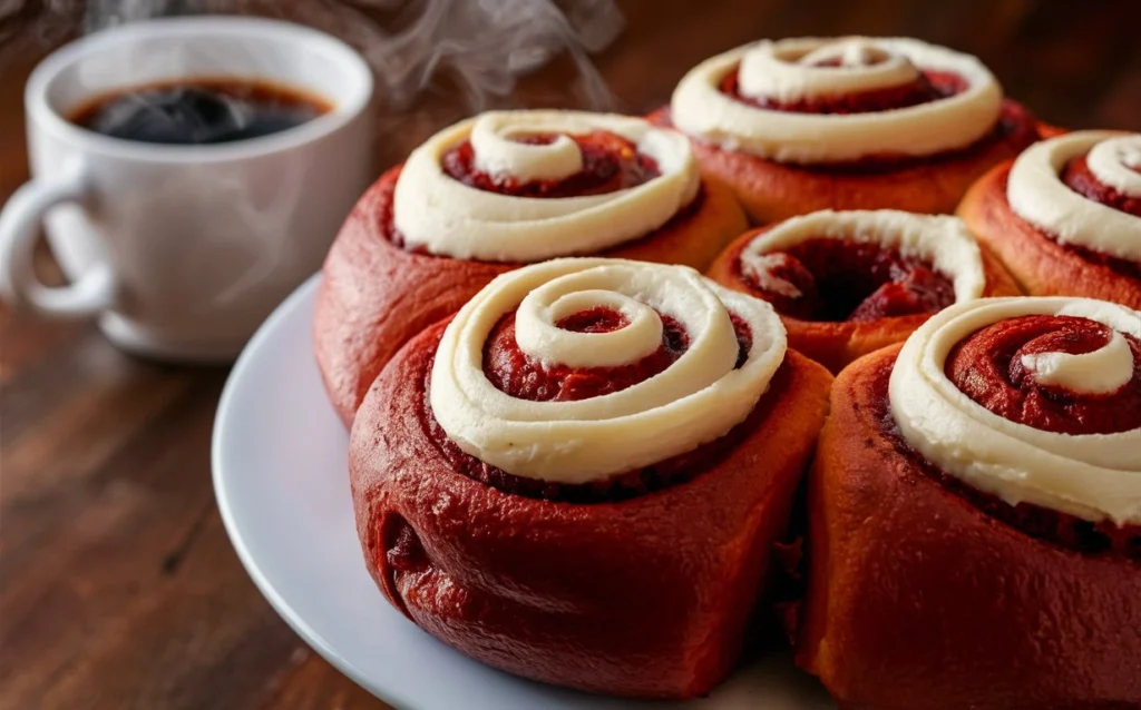 Red Velvet Cinnamon Rolls drizzled with cream cheese icing on a rustic plate.
