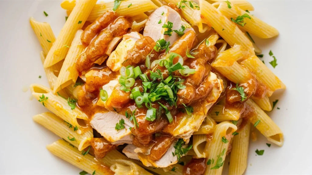 Honey Pepper Chicken Pasta garnished with fresh herbs