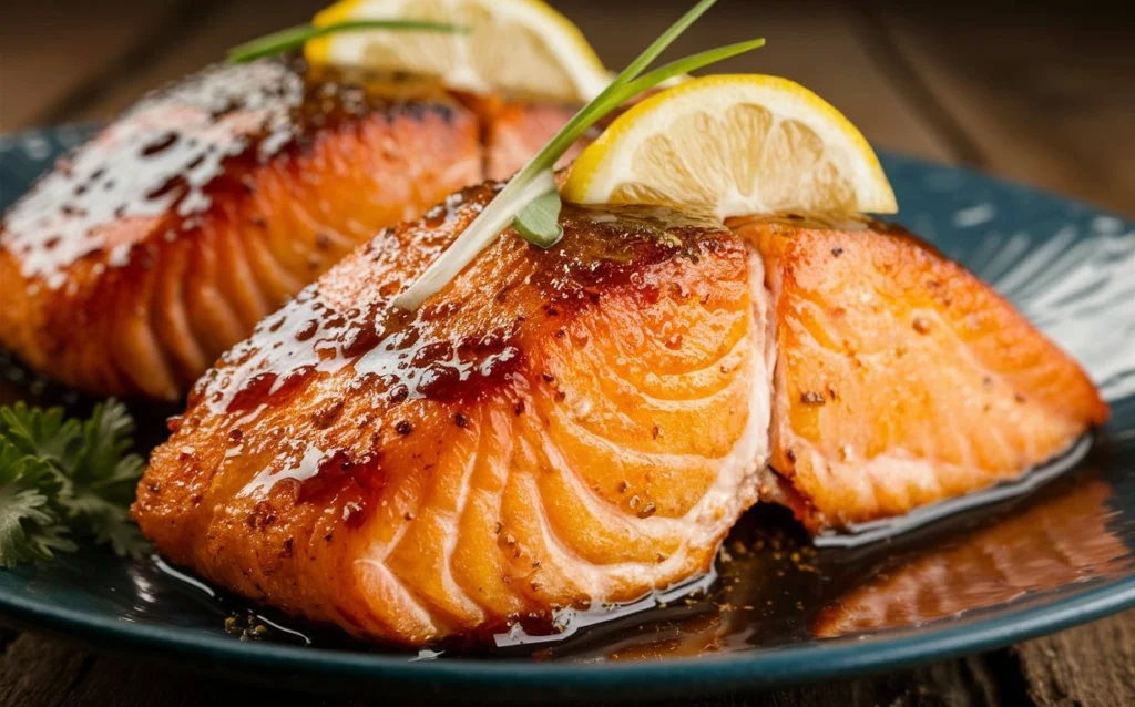 Juicy Cajun honey butter salmon fillet with a crispy seared crust, drizzled with a golden glaze.
