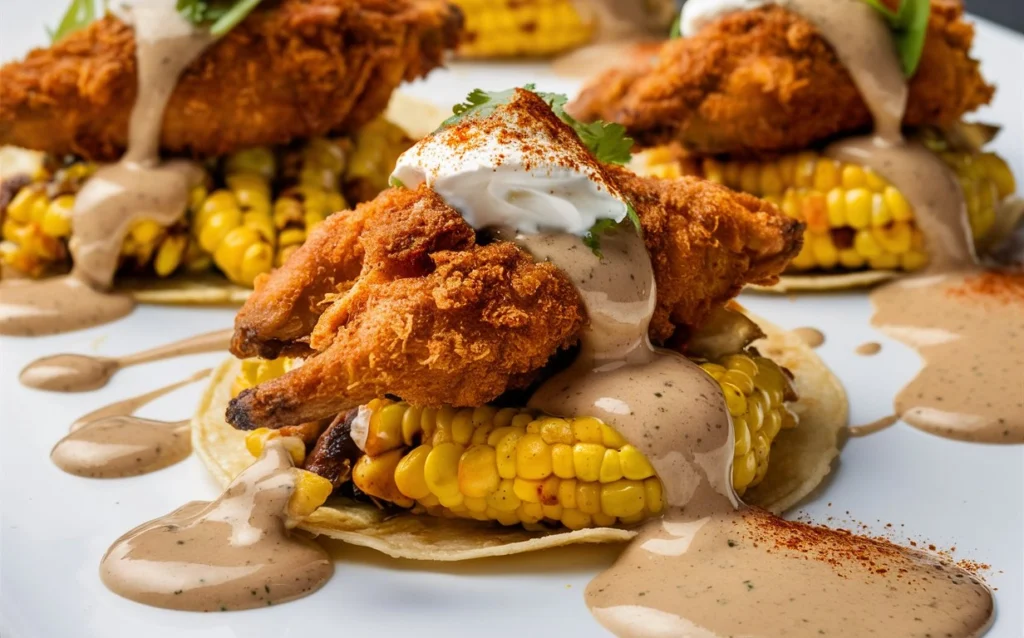 Fried Chicken Street Corn Tacos served with sides of guacamole and chips
