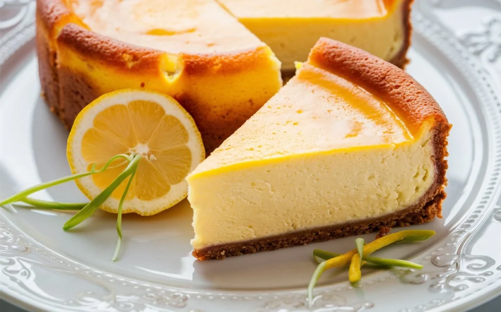 Close-up of a fork cutting into a rich, baked lemon cheesecake, revealing its creamy interior