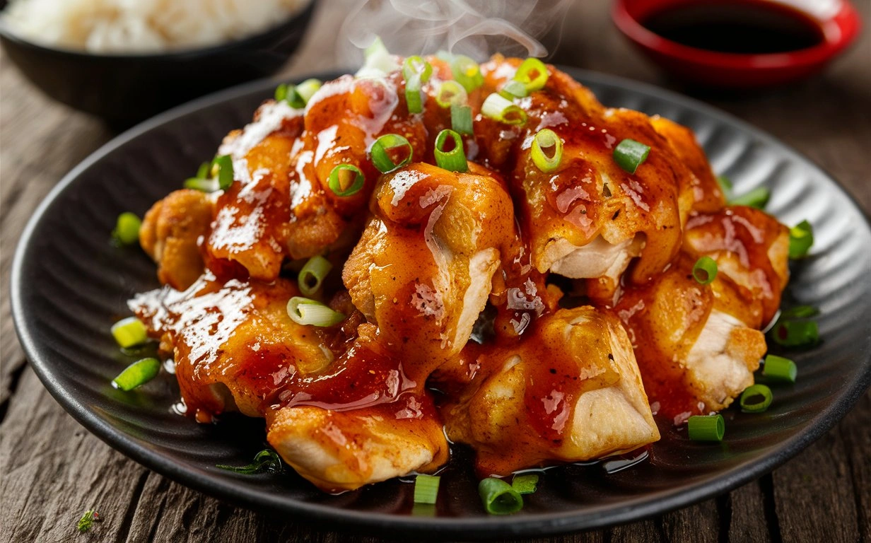 A plate of Honey Sriracha Chicken garnished with sesame seeds and green onions, served with steamed rice.