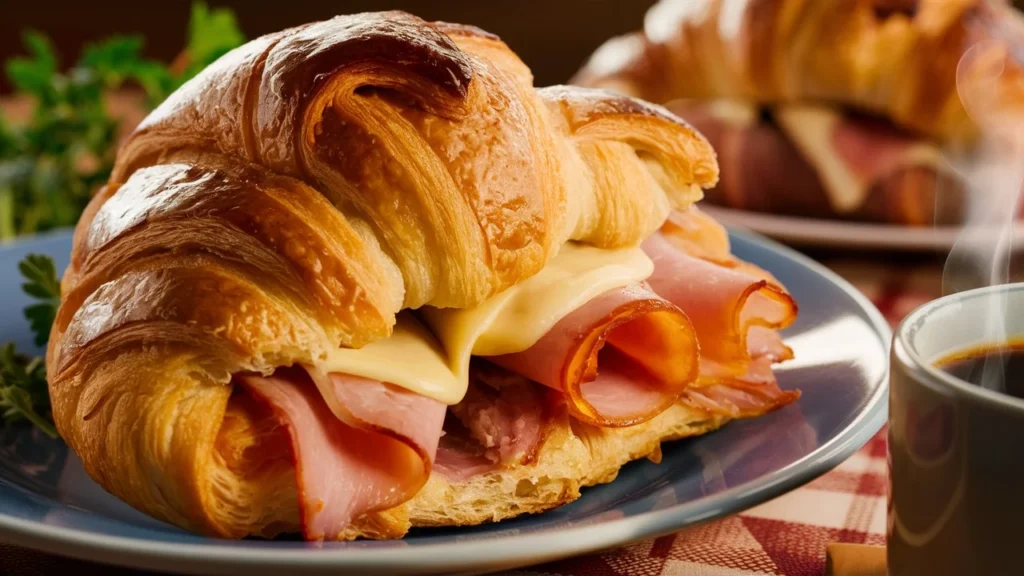 Warm and cheesy baked croissants with ham filling, perfect for any meal