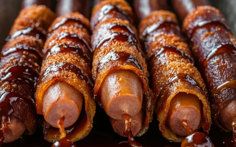 A plate of Brown Sugar Bacon Little Smokies drizzled with caramelized brown sugar glaze, served as a tasty appetizer