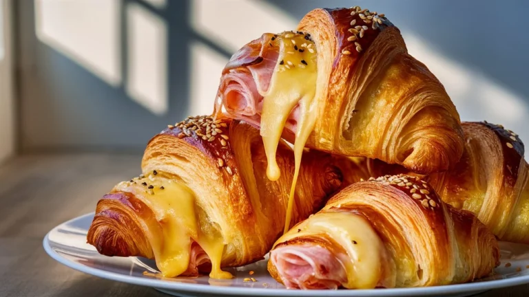 Baked Ham and Cheese Croissants with golden flaky crust and melted cheese filling