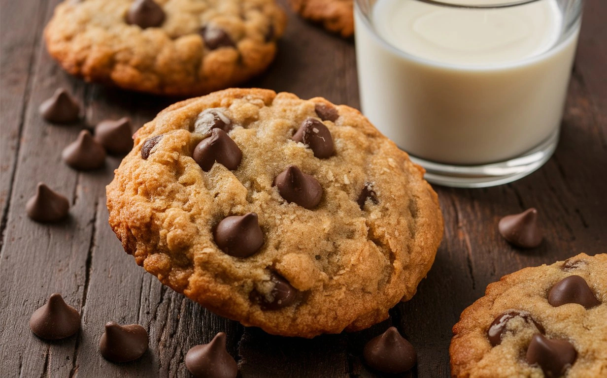 Oatmeal chocolate chip cookies with a glass of milk