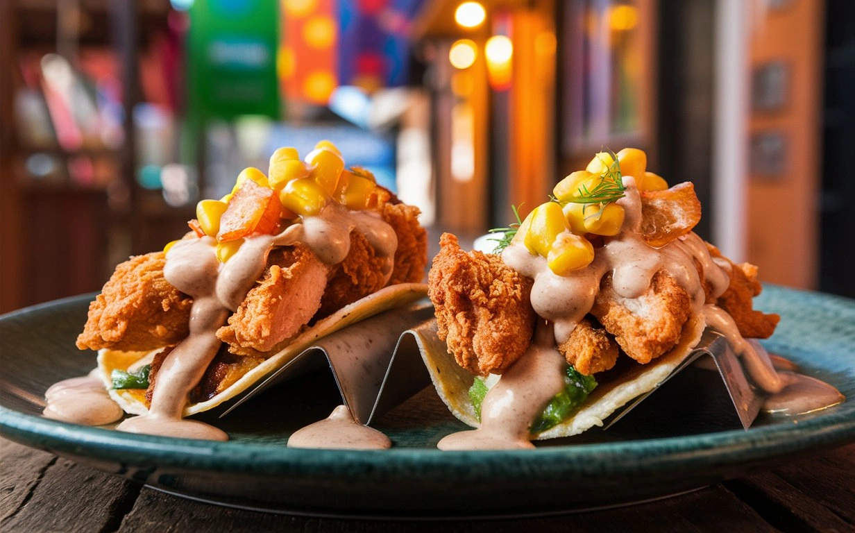 Fried Chicken Street Corn Tacos with creamy topping and fresh cilantro