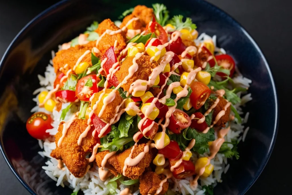 A hearty Street Corn Chicken Rice Bowl with grilled chicken, creamy corn, fluffy rice, and a fresh cilantro garnish, served in a rustic dish.