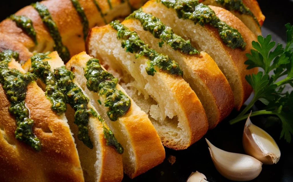 Spreading chimichurri garlic butter on slices of bread