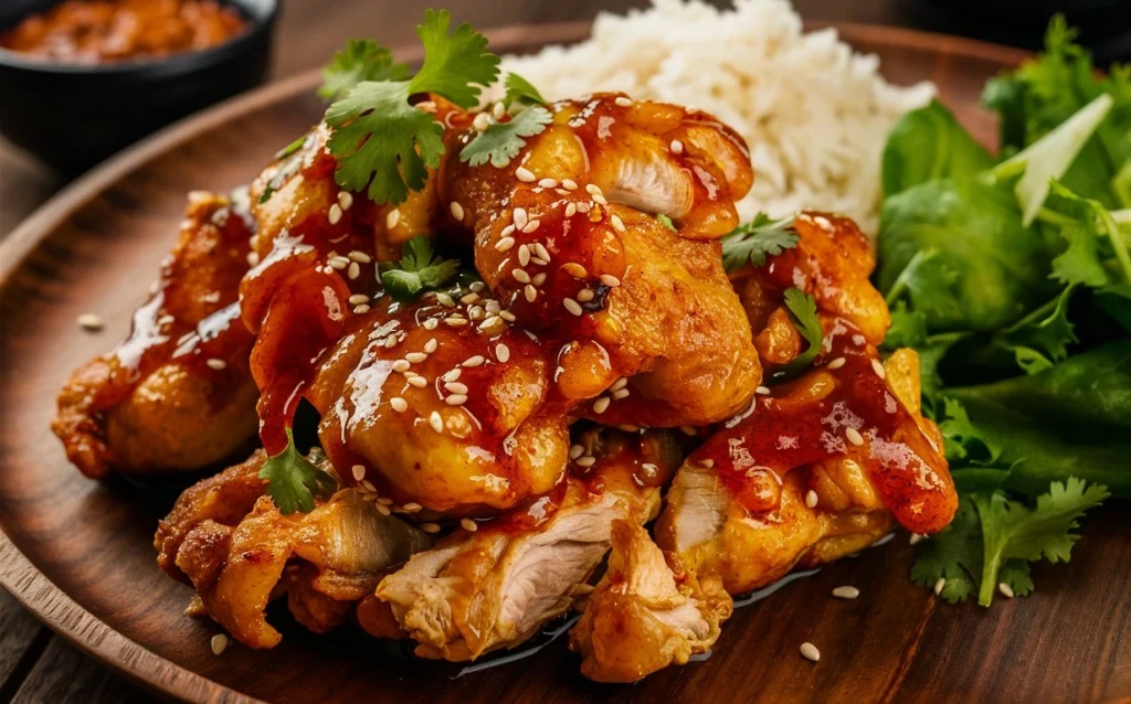 Crispy chicken wings glazed with honey Sriracha sauce, garnished with sesame seeds and green onions