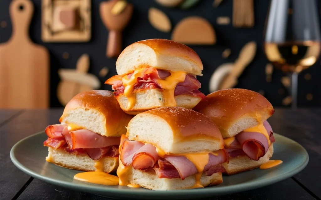 A close-up of ham and cheese sliders with golden crust and gooey cheese.