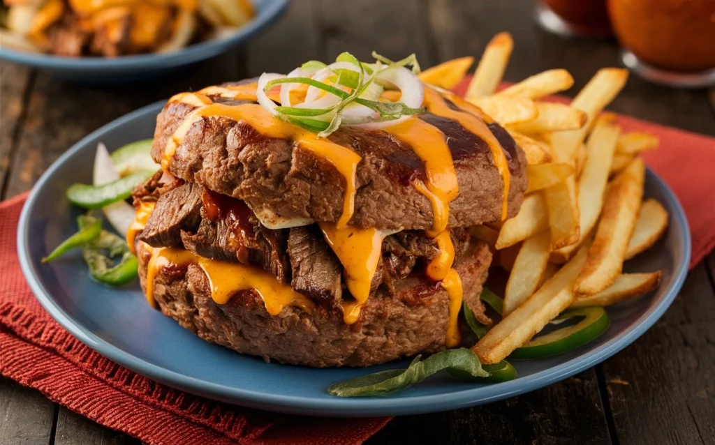 A close-up of Philly Cheesesteak Meatloaf filling showing layers of melted provolone cheese, sautéed onions, and green peppers.
