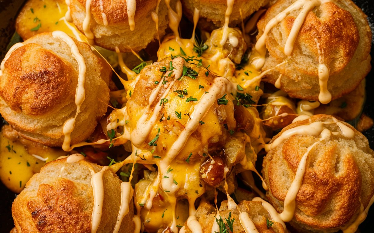 Cheesy garlic biscuit bombs fresh out of the oven, golden brown and gooey with cheese.