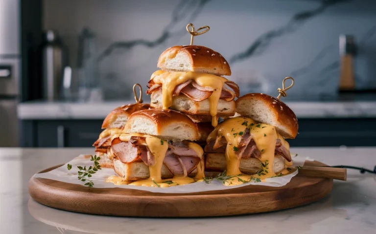 Golden-brown baked ham and cheese sliders with a crispy buttery topping.