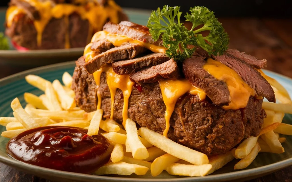 A slice of Philly Cheesesteak Meatloaf served with mashed potatoes and roasted vegetables on a white plate.