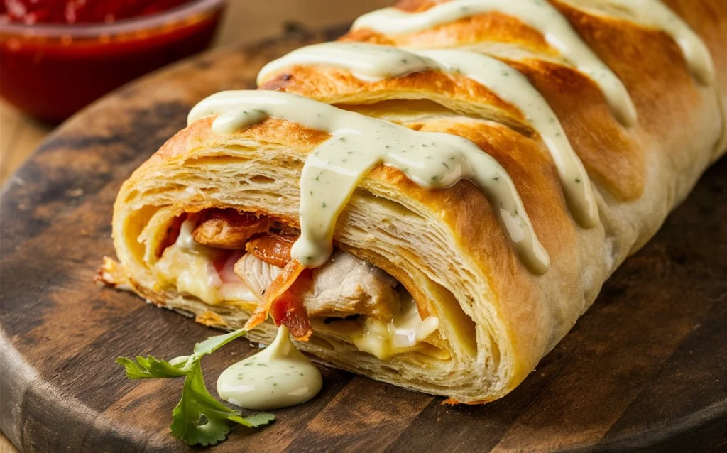 A close-up of golden-brown Chicken Bacon Ranch Stromboli, showing the crispy crust and gooey cheese inside.