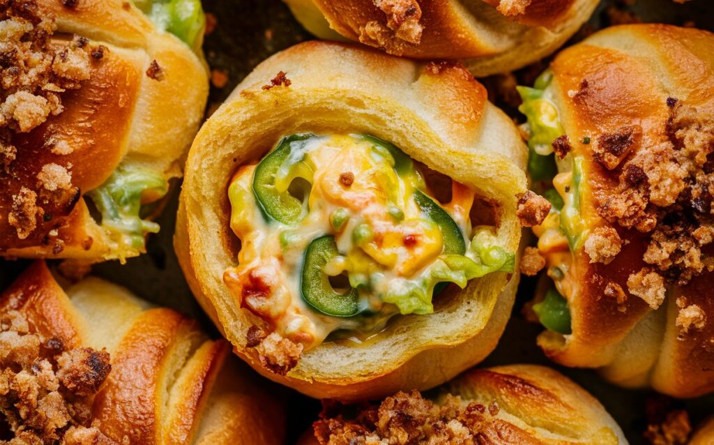 Close-up of Jalapeño Popper Stuffed Rolls showing the melted cheese and spicy jalapeño filling inside the flaky crescent dough