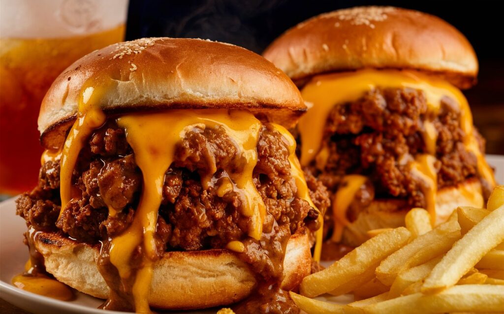 A plate of Sloppy Joes served with crispy potato chips and coleslaw