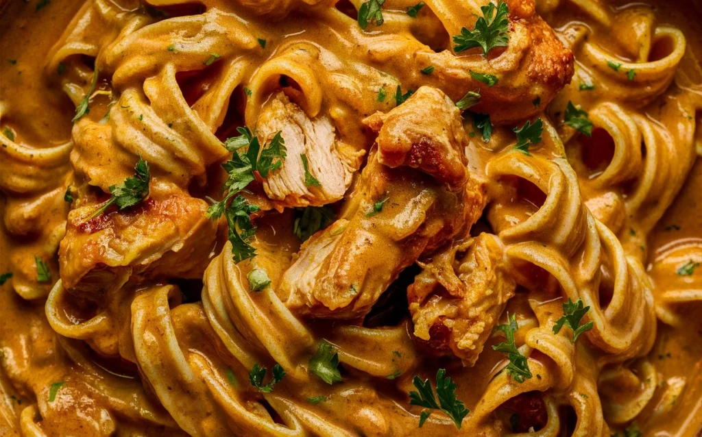 A plate of Cajun chicken pasta served with a fork, ready to eat.