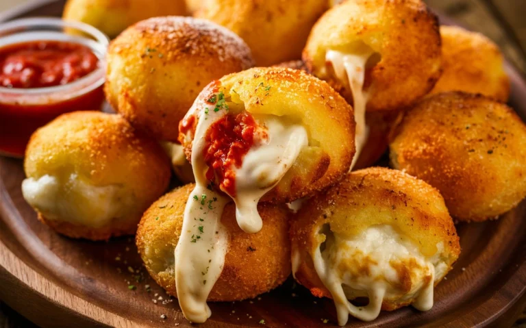 Crispy golden Cheesy Parmesan Mozzarella Bites served with marinara sauce