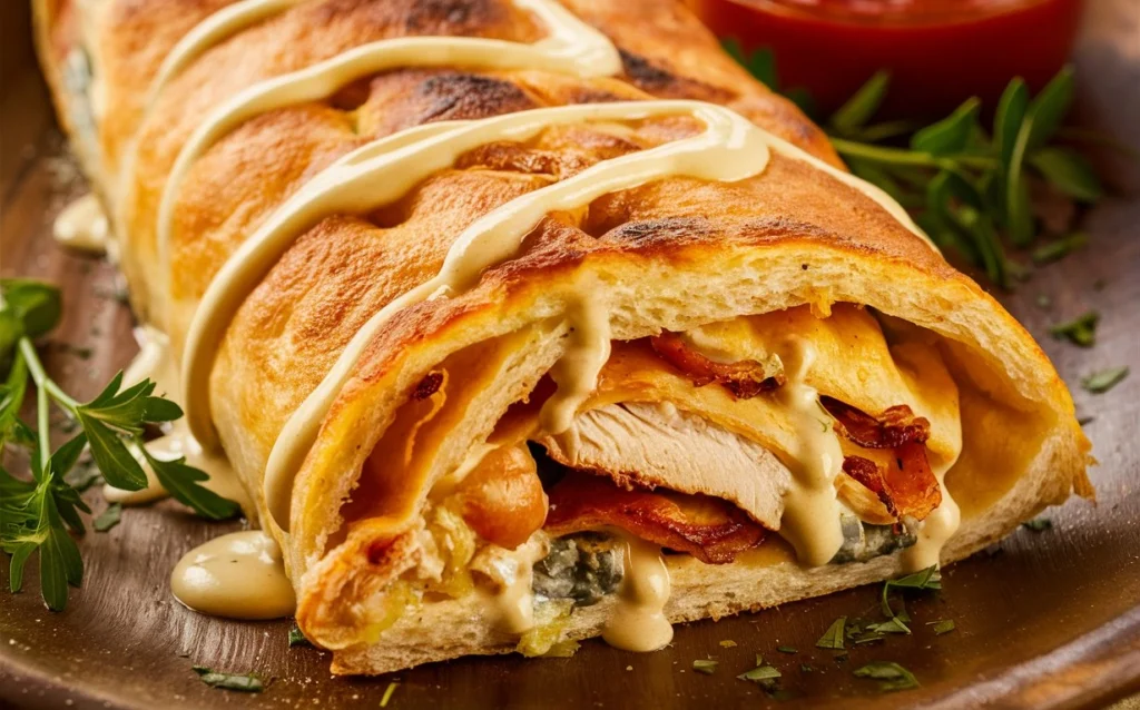 Sliced Chicken Bacon Ranch Stromboli on a cutting board, showing the melted cheese and filling inside