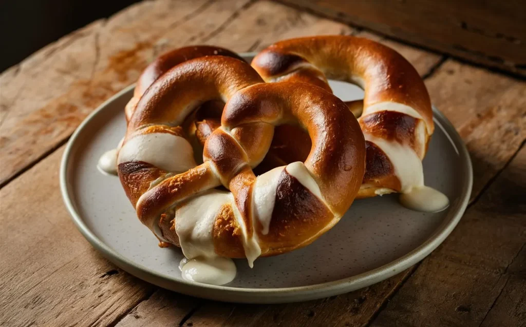 Freshly baked mozzarella stuffed pretzels on a parchment-lined baking tray