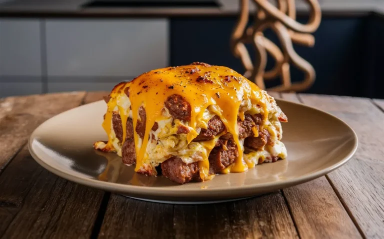 Close-up of a freshly baked breakfast cheesy sausage and egg casserole with melted cheese and golden crust