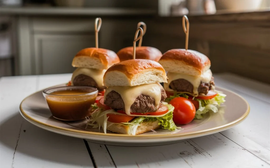 "French Dip Sliders with tender roast beef, melted cheese, and au jus dipping sauce."