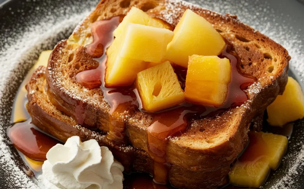 Hawaiian French Toast served with fresh pineapple, coconut, and syrup.