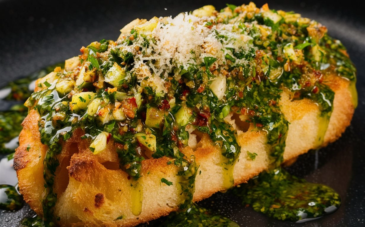 Freshly baked Chimichurri Garlic Bread on a baking sheet