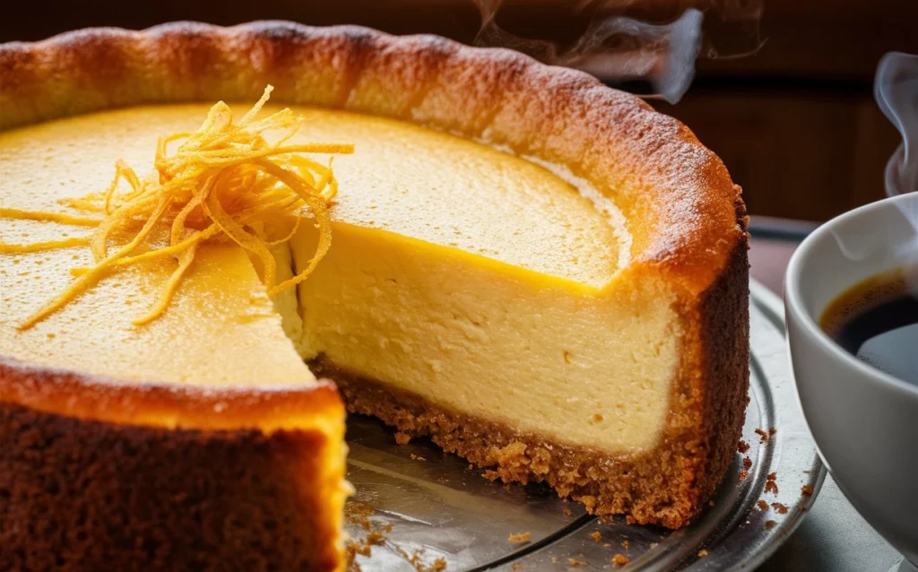 lemon cheesecake with a golden crust, garnished with lemon zest and slices, placed on a rustic wooden table