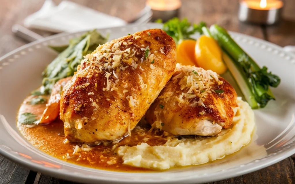 Ingredients for Garlic Parmesan Chicken including chicken breasts, Parmesan cheese, breadcrumbs, garlic, and seasonings arranged on a countertop