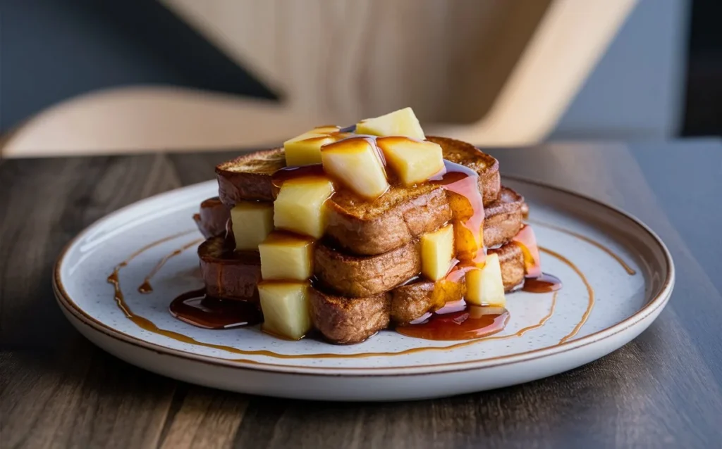 Tropical Hawaiian French Toast with caramelized pineapple and coconut flakes