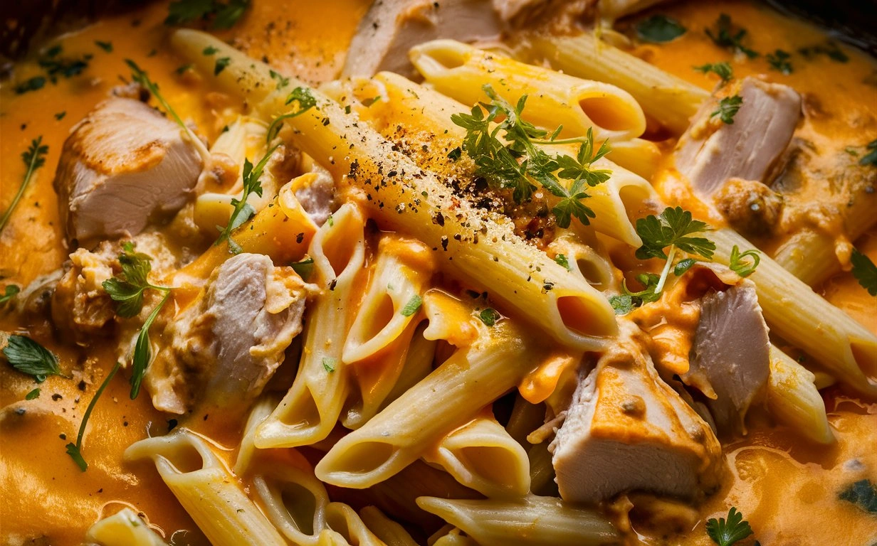 Chicken breasts simmering in a creamy parmesan sauce with sun-dried tomatoes in a skillet.