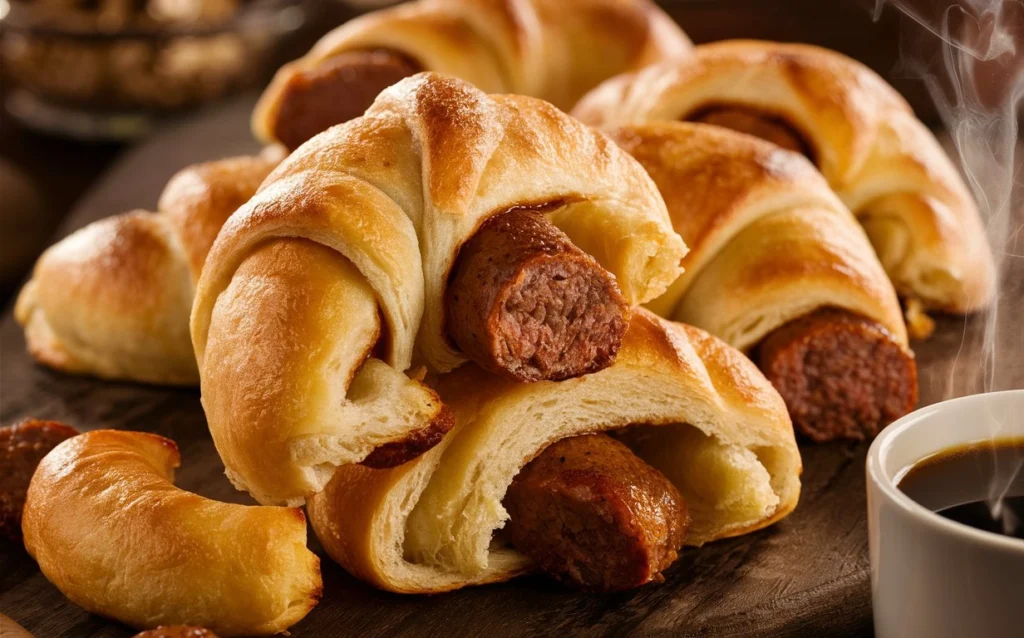 Close-up of a bite taken from a breakfast sausage crescent roll