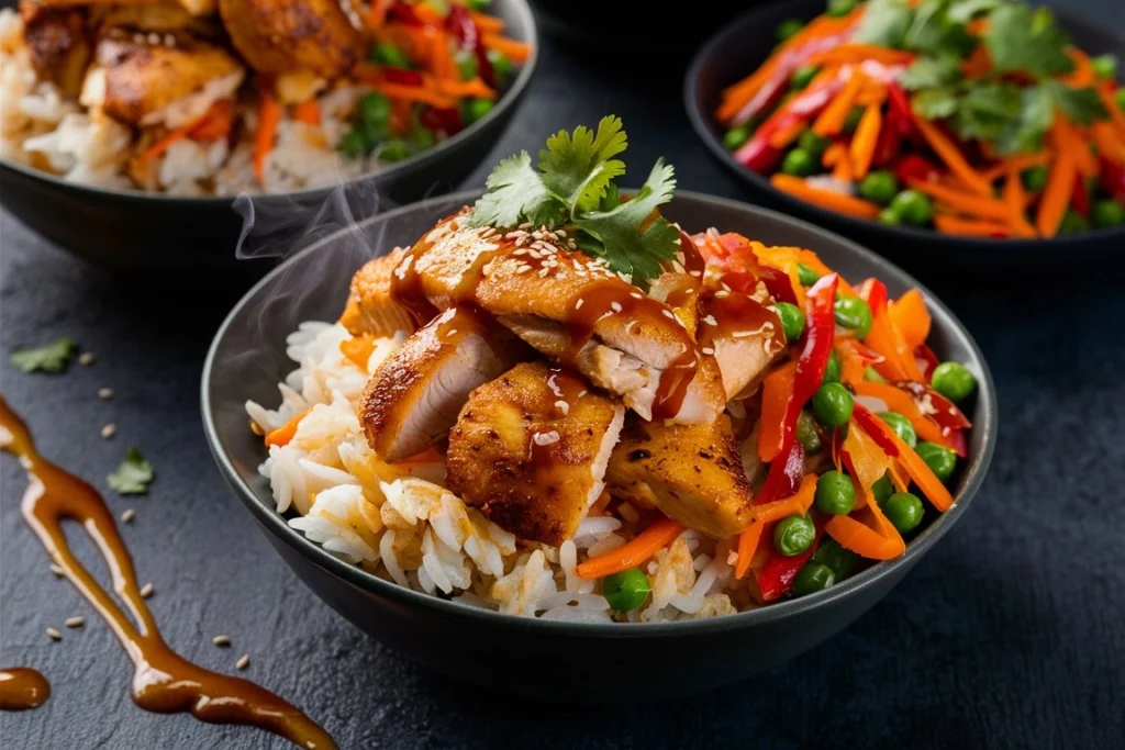 A fully assembled Honey Chipotle Chicken Rice Bowl with vibrant toppings and a fresh lime wedge, ready to be enjoyed.

