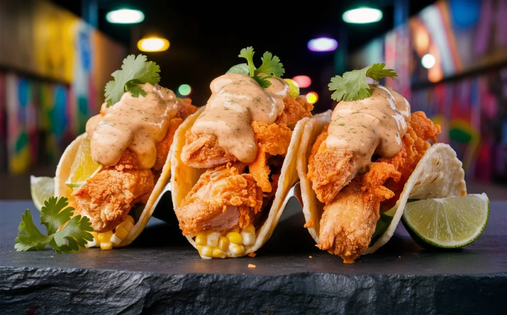 Close-up of fried chicken being added to street corn tacos